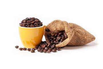 roasted coffee beans, beans coffee in mug and sack isolated on white background.