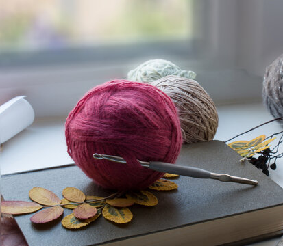 Balls of wool and cotton threads, dried rosehip leaves, a book lie on a white windowsill against the background of the window.