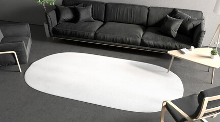 Fototapeta premium Blank white oval interior carpet in room mockup, side view