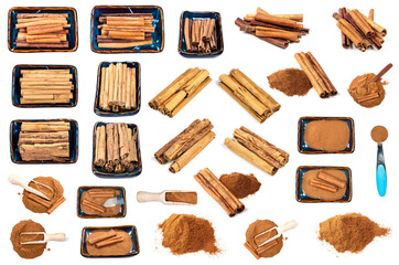 set of various cinnamon sticks and powder cutout