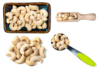 set of various cashew seeds cutout on white