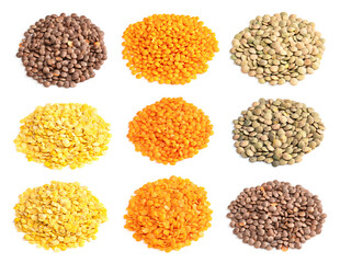 set of piles of various lentils cutout on white