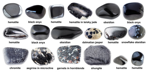 set of various polished black stones with names