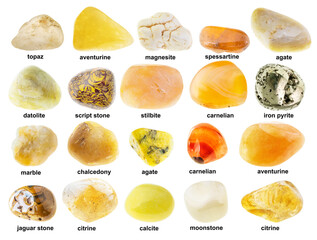 set of various polished yellow rocks with names