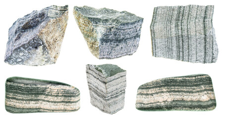 set of various skarn stones cutout on white