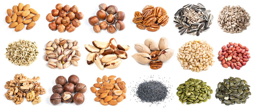 set of various piles of nuts cutout on white