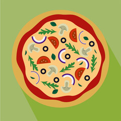 illustration of pizza with tomatoes mushrooms  onion and arugula 