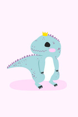Image of a cute dinosaur wearing a crown, poster template for a boy's or a girl's nursery