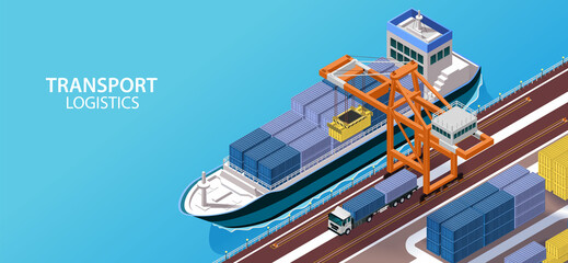 Vector isometric industrial cargo port. Container terminal with cranes, container carrier ship and warehouse. Vessel unloaded by gantry cranes.