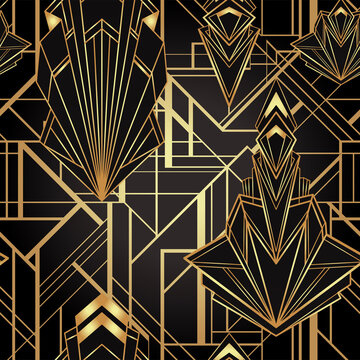 Art deco style geometric seamless pattern in black and gold. Vector illustration. Roaring 1920 s design. Jazz era inspired . 20 s. Vintage Fabric, textile, wrapping paper, wallpaper.