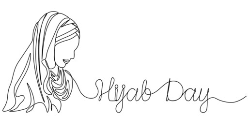 World Hijab Day. A girl in a hijab in one line