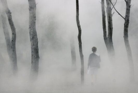 jeune enfant perdu, désorienté cherchant son chemin dans la brume
