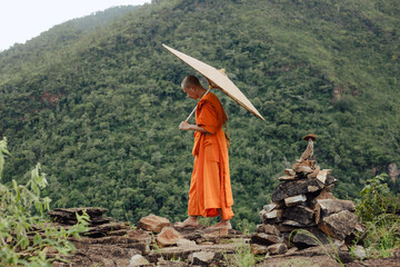 Monks pilgrimage in the forest, keeping the precepts