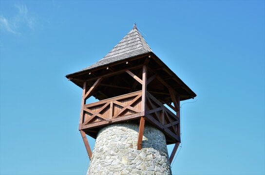 Lookout tower on Bobovec above the village of Stara Bystrica, Slovakia, Europe view from the front zoom in