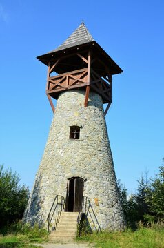 Lookout tower on Bobovec above the village of Stara Bystrica, Slovakia, Europe whit blue sky, view from the front.