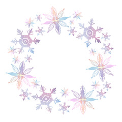 Snowflake winter set of blue pink purple gray pastel isolated wreath round border label on white
