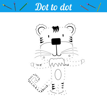Draw a tiger, connect the dots. Cartoon animal for educational game for kids. Coloring book, point game with wild animal. Educational puzzle for preschoolers.