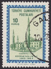 Ottoman mosque of Yuj Sherefeli in Edirne. Conquest of Adrianople, stamp Turkey 1963