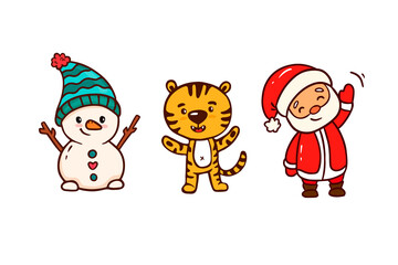 Santa claus , snowman and tiger.
New Year characters.Set of
Christmas and New Year symbols.Christmas card.
Vector illustration