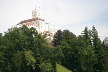 Photo of the caste Trakošćan on a hill, surrounded by a beautiful forest