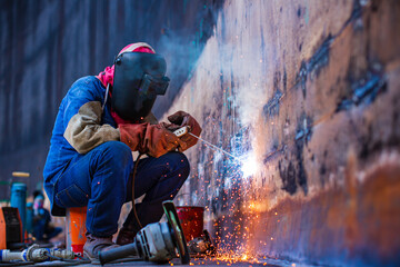 Welding male worker metal is part of machinery tank wall shell plate construction petroleum oil and gas storage tank.