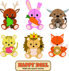 Collection of stuffed animals, deer, rabbits, buffalo, tigers, lions, foxes, holding gifts, vector patterns white background