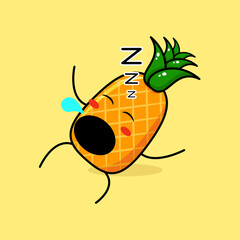 cute pineapple character with sleep expression, lie down, close eyes and mouth open. green and yellow. suitable for emoticon, logo, mascot