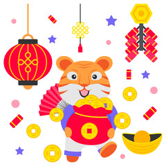 Baby Tiger holding bag of feng shui coins Concept Vector Color Icon Design, Traditional Chinese Culture Symbol, Year of the Tiger 2022 Sign, China Travel Guide Stock Illustration