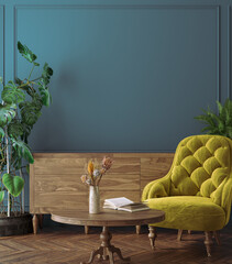 Maquette de mur dans un intérieur de maison coloré avec des meubles rétro, rendu 3d