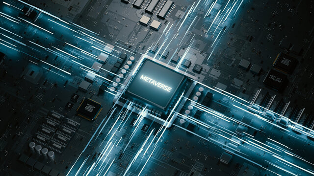 3D Rendering of CPU on computer motherboard background with glowing text labeled as Metaverse. Concept of virtual parallel universe, virtual reality, future technology