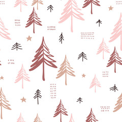 Seamless pattern with pine trees on white background. Stylized forest background. Vector illustration. - 476039142