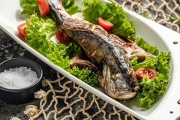 grilled fish and salad, Grilled dorado fish. Food recipe background. Close up