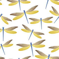 Dragonfly cool seamless pattern. Summer dress textile print with damselfly insects. Flying water