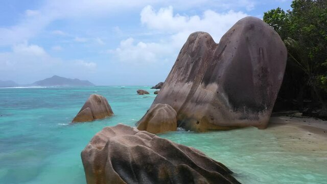 Drone clip on the beautiful island of La Digue in the Seychelles on the dream beach of Anse Source d'Argent 