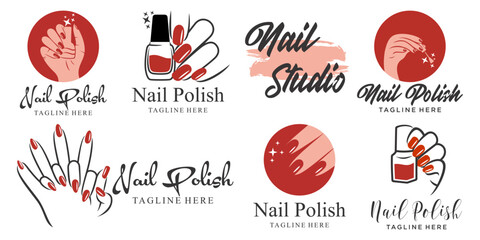 nail polish or Nail salon icon set logo design. Manicure, Nail polish and female finger logotype - obrazy, fototapety, plakaty