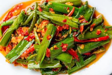 tumis genjer or oseng genjer is Indonesian traditional food. Served on white plate and isolated on gray background.