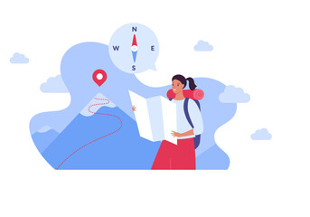 Tourism and hike adventure concept. Vector flat people illustration. Woman tourist with map in hands. Mountain with road, compass and pin on top symbol. Design for nature park trekking journey.