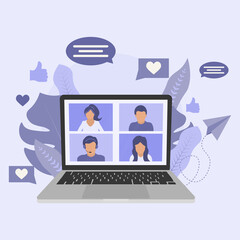 Video conference concept illustration. Laptop with online meeting friends. Vector flat cartoon illustration. Online meeting.