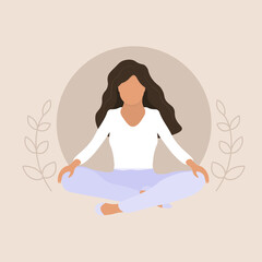 The girl is engaged in yoga. Meditation in the lotus position. Vector illustration in cartoon style for sports books, websites, magazines and etc.