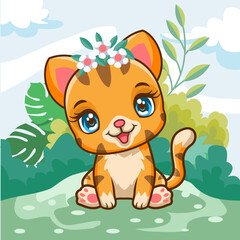 Obraz na płótnie Canvas Cartoon cute little orange cat sitting and playing in the garden