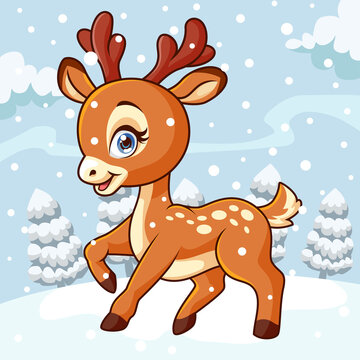 Cartoon cute little deer having fun on snow background