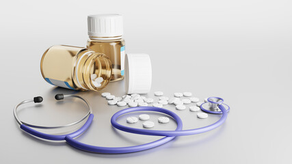 Stethoscope and medicine bottle. The tablets are scattered. Medical equipment. 3D rendered illustration.