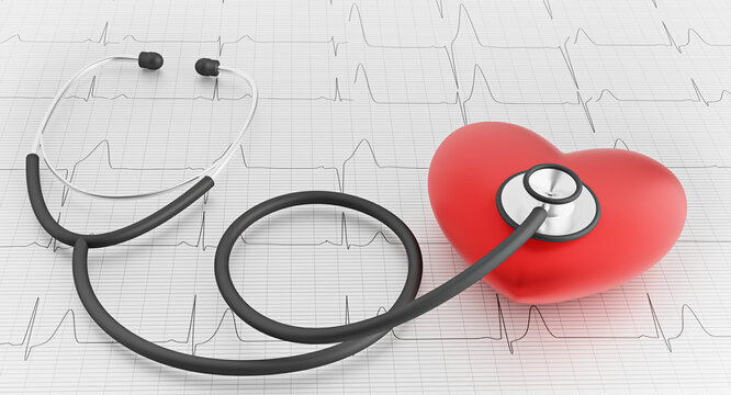 Stethoscope and red heart with electrocardiogram. ECG curve in the background. 3d rendered illustration.
