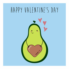 Happy cute  avocado in love with heart-shaped seed. Valentine's Day greeting card. Lettering ''happy valentine's day''. Vector illustration in cartoon, doodle and hand-draw style. Poster, postcard