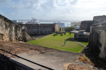 The walls on Castillo de San Cristobal with harbor in the background, San Juan, Puerto Rico