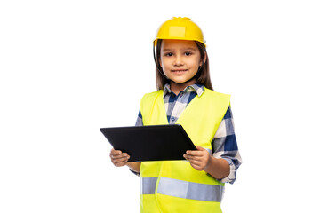 building, construction and profession concept - smiling little girl in protective helmet and safety vest with tablet pc computer over white background