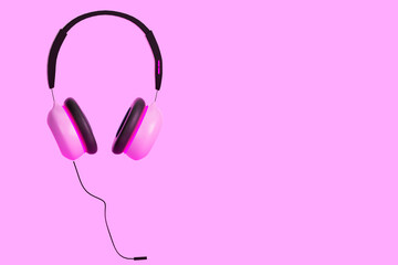 Cute pink glowing music headphones with cable 3d illustration render