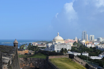 View the city of San Juan with Capitol from Castillo de San Cristobal, Puerto Rico