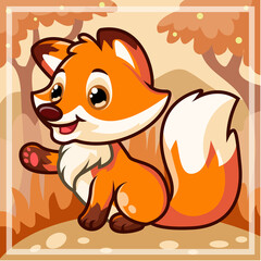 Cartoon cute little fox sitting waving on the grass