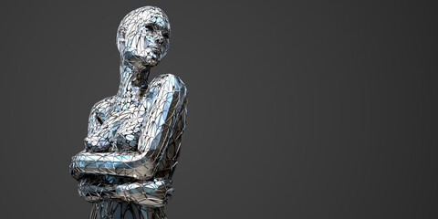 3d rendering illustration of the attractive silver metallic cyber female wireframe futuristic fashion model